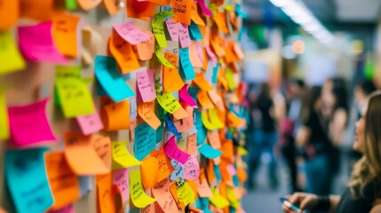 Obraz premium Sticky Note Brainstorming: A vibrant wall covered in colorful sticky notes, capturing the energy and creativity of a brainstorming session. The blurred background suggests a bustling environment.