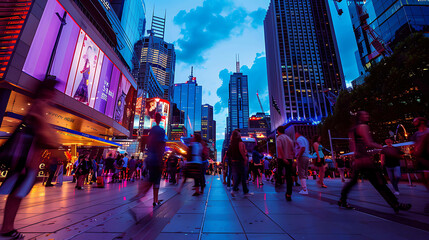 Fototapeta premium A long exposure shot of a busy pedestrian street in a modern city at night.