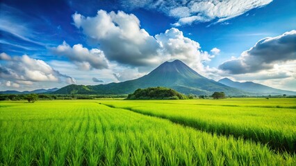 Fototapeta premium green rice field in front of mountain under blue sky with fluffy clouds