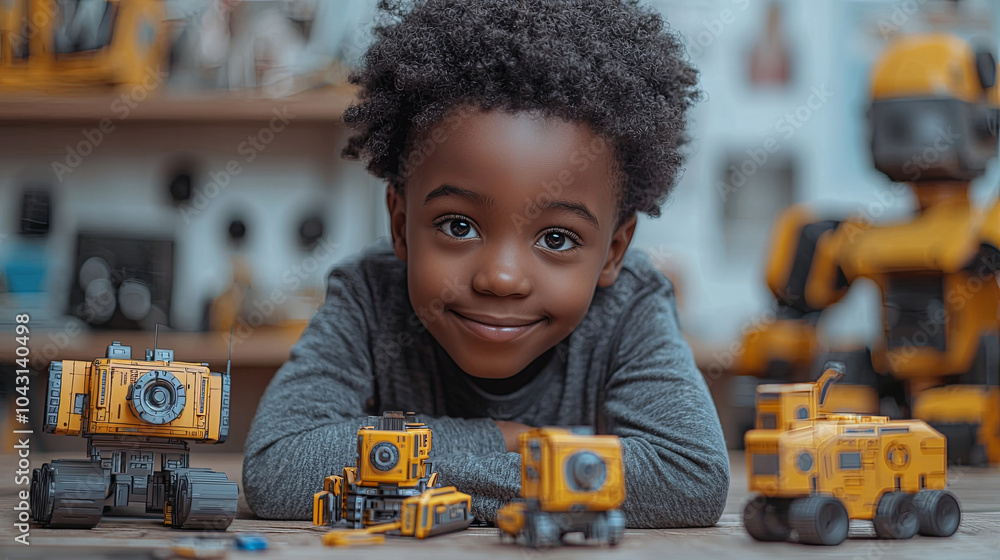 Poster curious young boy exploring robotics with toy robots