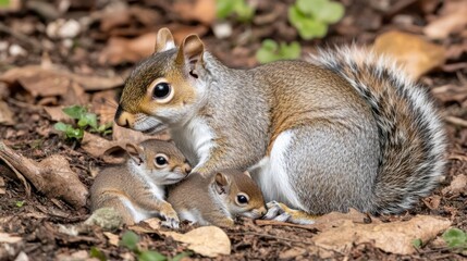 A mother squirrel with her two young ones resting on the forest floor.