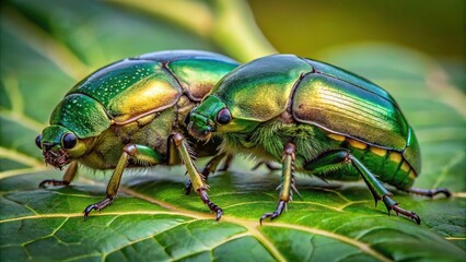Naklejka premium Green rose chafers mating in asymmetrical position
