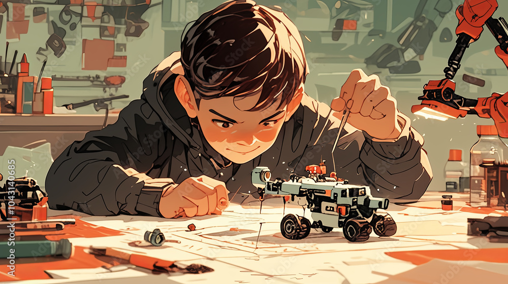Aufkleber young boy engaged in constructing a robot in workshop setting