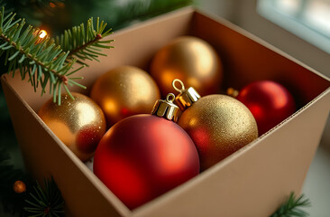 Christmas tree decorations, gold and red balls in a box by the window