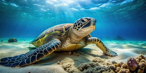 Obraz premium Green sea turtle resting in shallow sandy reef