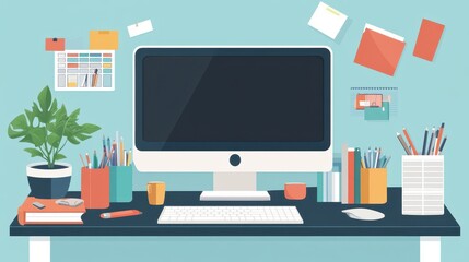 Modern Office Desk with Computer and Accessories