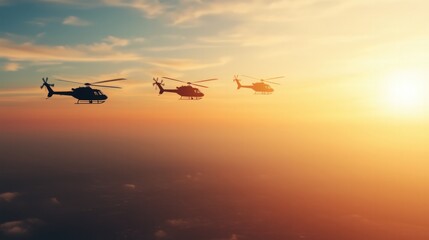 Obraz premium Three Helicopters Flying at Sunset Over a Beautiful Landscape Scene