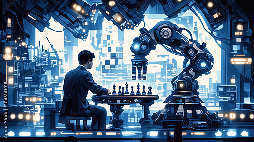 Poster engineer playing chess with robotic arm in futuristic laboratory