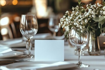 A table with a white tablecloth and a white card on it