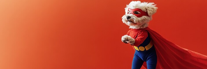 A small dog dressed as a superhero with a cape and mask against a vibrant orange background.