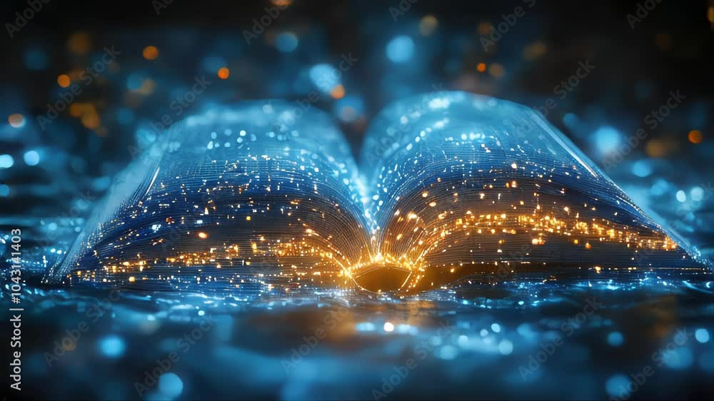 Poster a digital book with glowing blue particles symbolizing knowledge and technology. perfect for e-learn
