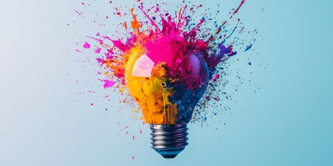 Colorful Lightbulb Explosion: A lightbulb bursts with vibrant, multi-colored paint splatters, symbolizing the explosive power of creativity, innovation, and new ideas.  