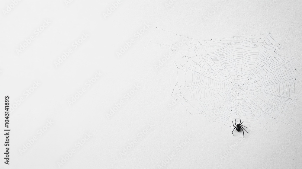Poster a delicate spider web is intricately woven across a plain backdrop. in one corner a small spider res