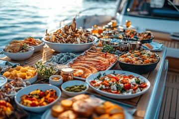 Fototapeta premium A table full of food with a boat in the background