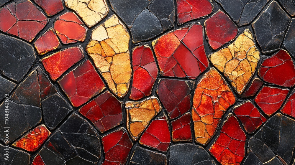 Poster An abstract snake pattern with geometric shapes in bold red gold and black tones repeating to form a contemporary artistic background Stock Photo with side copy space
