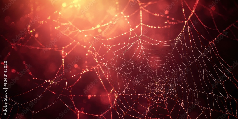 Poster golden spiderwebs stretch across a dark red background beautifully illuminated from below. the brigh