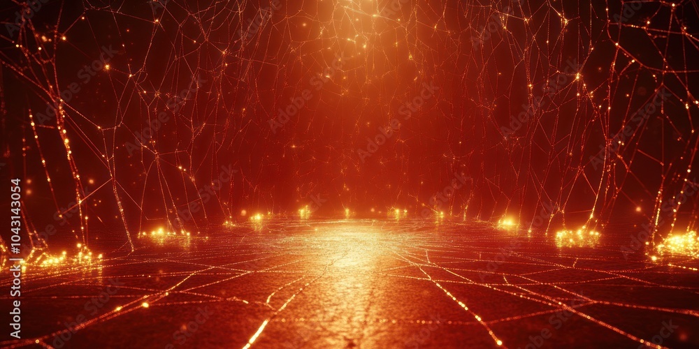 Poster a vibrant dark red background showcases intricate golden spiderwebs illuminated from below creating 