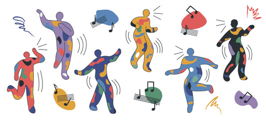 Modern banner with a set of abstract dancing people. Minimal design of various bright colors of figure silhouettes. Trendy doodle abstract symbols of carnival, party, festival