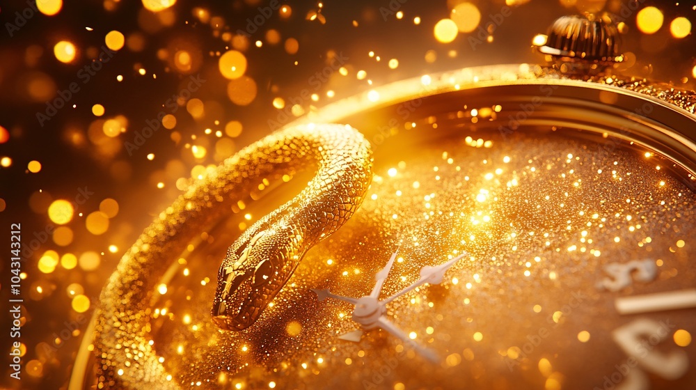 Poster A shimmering golden snake intertwined with the numbers 2025 as a clock ticks down to midnight creating excitement and anticipation for the New Year Stock Photo with side copy space