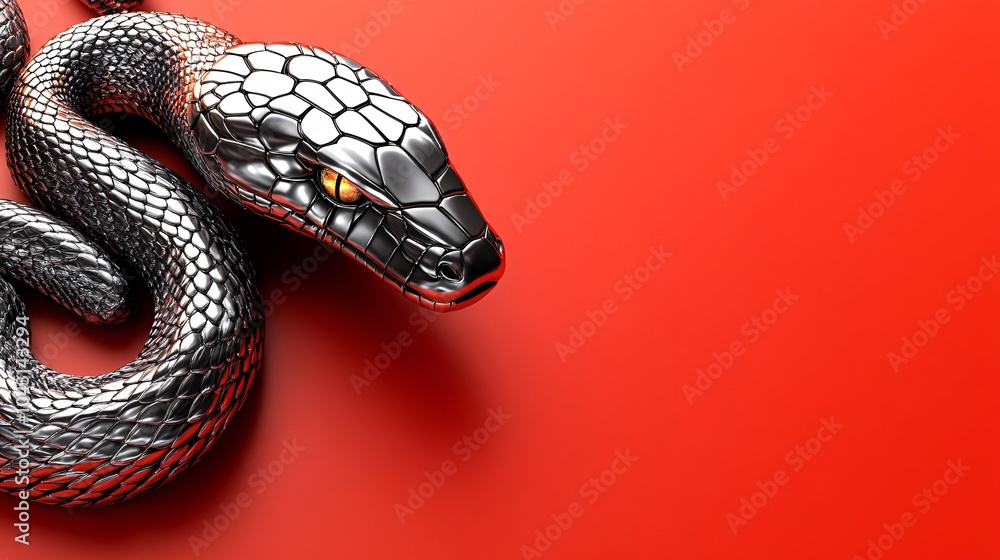 Poster a sleek modern snake in silver and black set against a vibrant red background with golden accents re