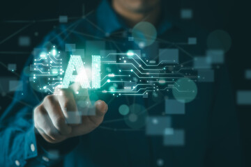 AI robotic Artificial Intelligence, businessman using AI chatbot for conversation with human. Futuristic technology and digital communication concept.