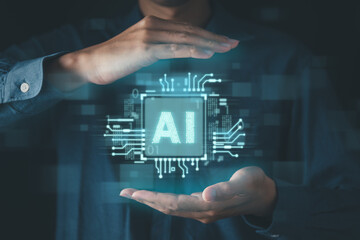 AI robotic Artificial Intelligence, businessman using AI chatbot for conversation with human. Futuristic technology and digital communication concept.