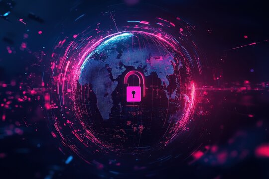 A digital globe with a lock icon, representing global security. - Powered by Adobe