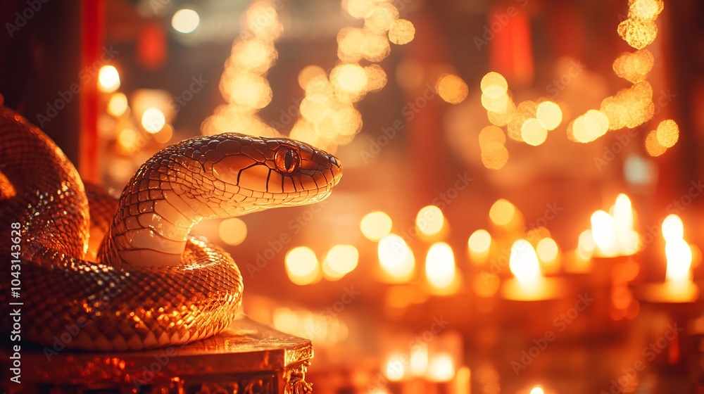 Poster a snake design in rich golds and deep reds against a traditional chinese temple backdrop capturing t