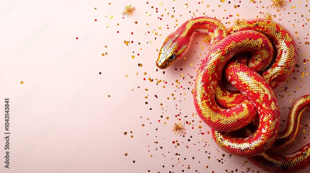Poster a bold red and gold snake coiled against a sleek white background featuring subtle new year's symbol