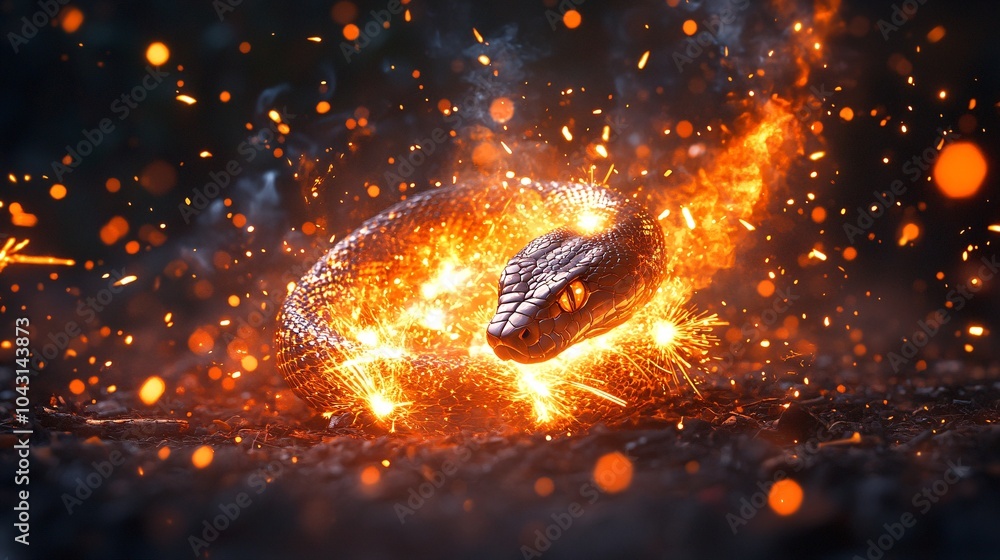 Poster a radiant golden snake winding through a series of fireworks and streamers on a black backdrop with 