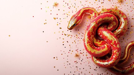 A bold red and gold snake coiled against a sleek white background featuring subtle New Year's symbols like fireworks and confetti Stock Photo with side copy space
