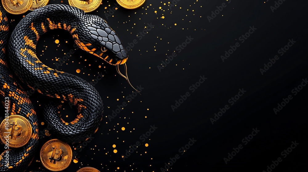 Poster a dramatic black and gold background with a snake gracefully curving around symbols of prosperity li