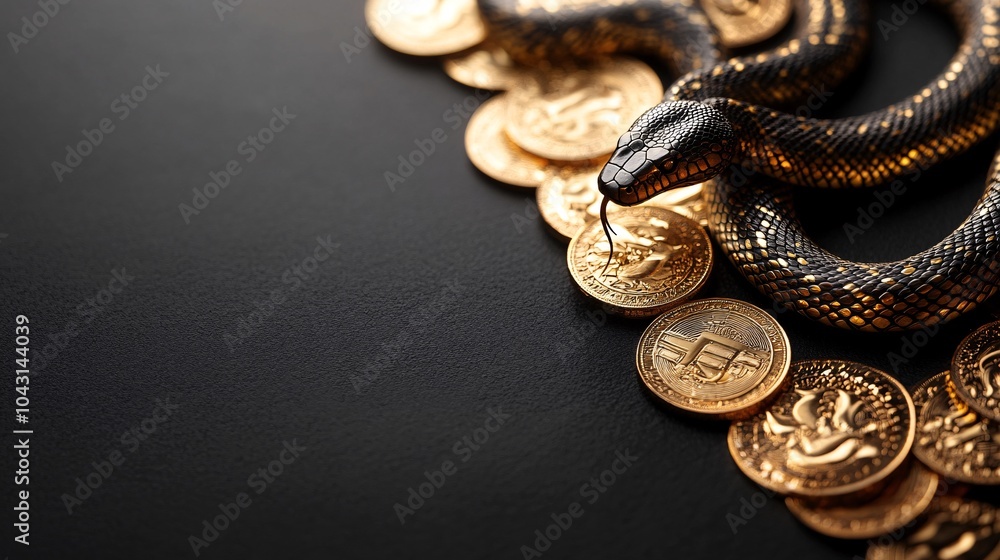 Poster a dramatic black and gold background with a snake gracefully curving around symbols of prosperity li