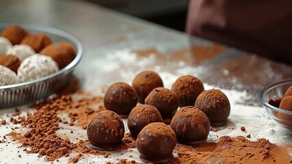 This Chocolate truffles are arranged on a countertop, dusted with cocoa powder, ready for tasting.