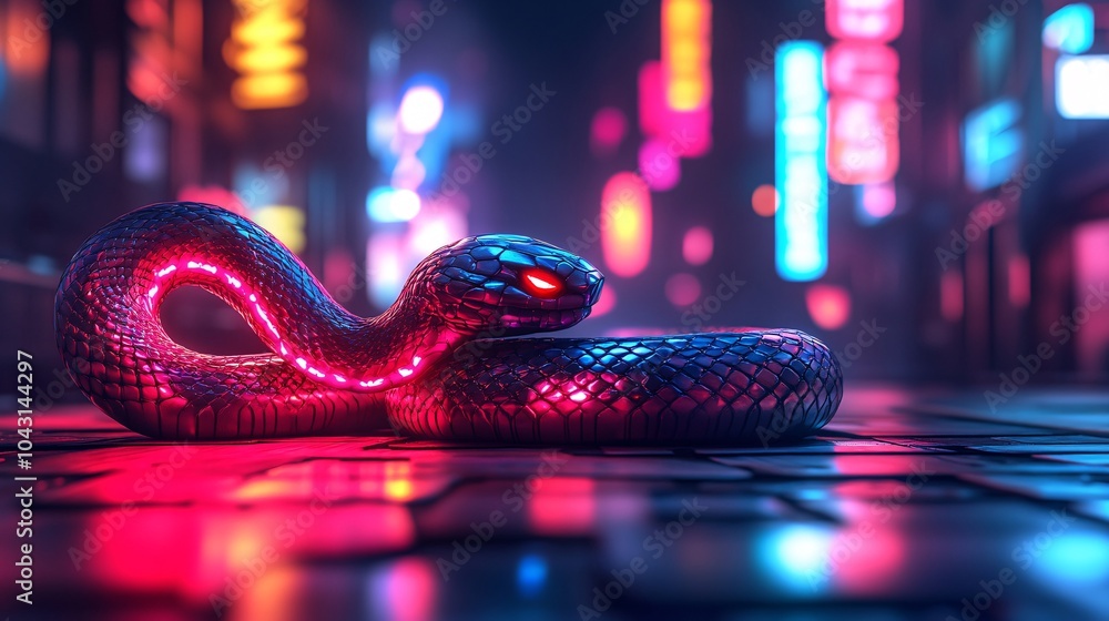 Aufkleber a futuristic snake design set against a neon-lit cityscape representing the zodiac sign for 2025 wit