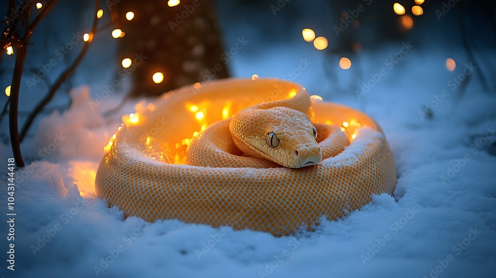 Poster A winter scene where a golden snake curls up beneath a snow-laden tree with a soft glow of festive lights in the background Stock Photo with side copy space