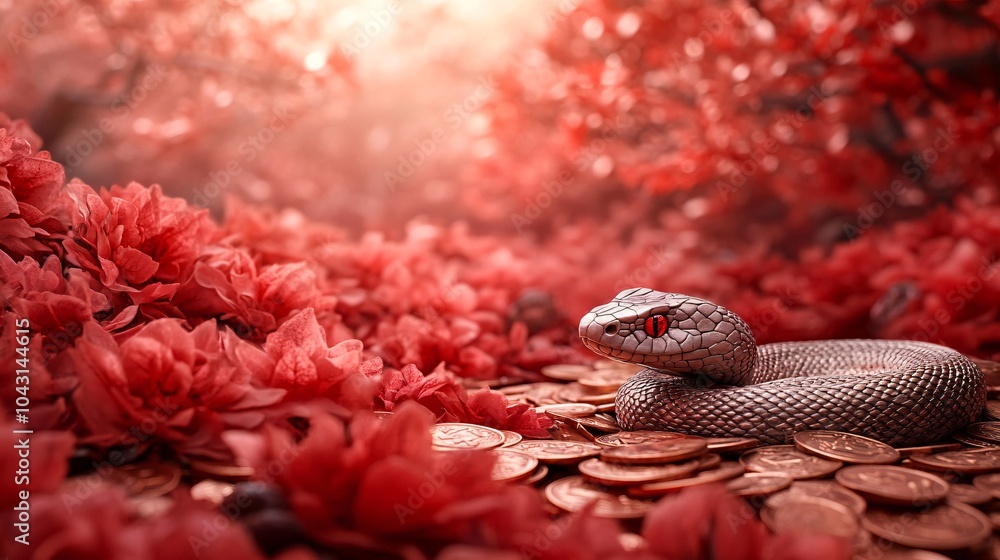 Poster A festive snake design coiling through a landscape filled with Chinese symbols of luck and prosperity like coins and red envelopes Stock Photo with side copy space