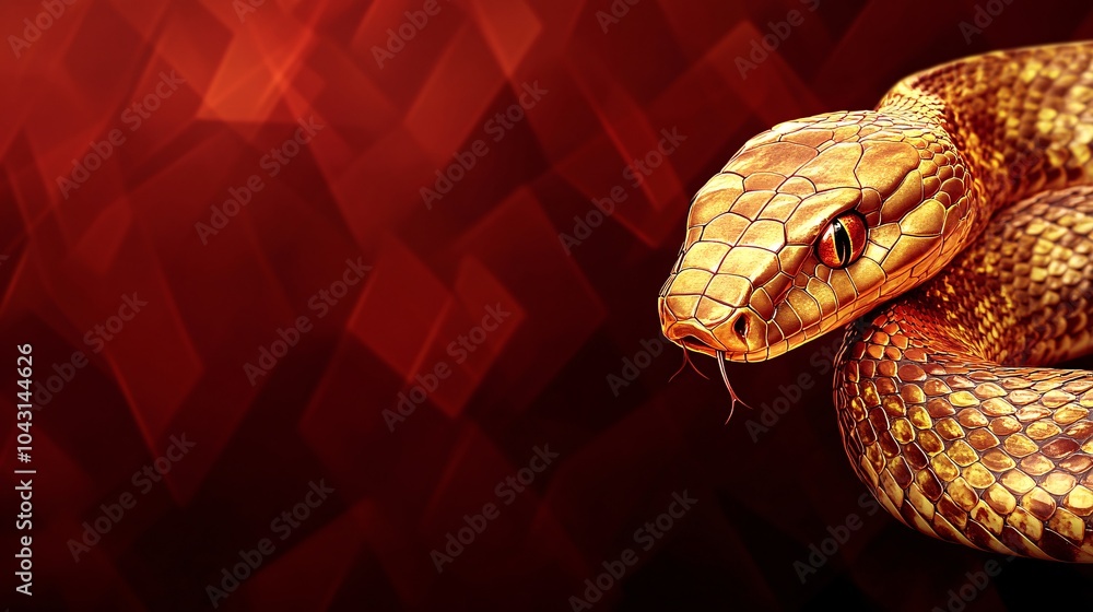 Aufkleber an elegant gold snake spiraling through an abstract geometric background with rich red and black ton
