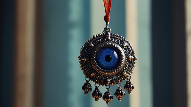 An Indian Nazar Battu charm, designed to ward off evil, hanging near a window, its blue hues reflecting the sunlight