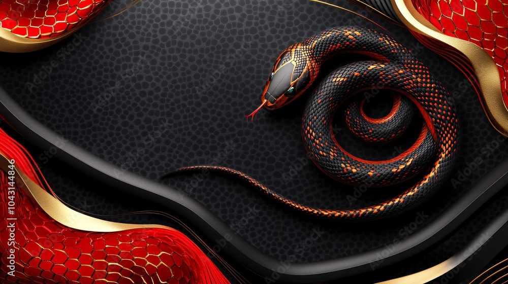 Poster An elegant gold snake spiraling through an abstract geometric background with rich red and black tones accented by 2025 written in bold modern text Stock Photo with side copy space