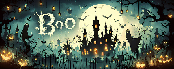 Glowing Boo text with spooky ghost silhouette, dark haunted background