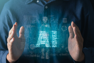 AI robotic Artificial Intelligence, businessman using AI chatbot for conversation with human. Futuristic technology and digital communication concept.