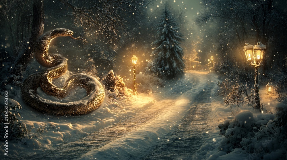 Poster A serene winter landscape with a golden snake emerging from a snow-covered forest while lanterns glow softly in the distance Stock Photo with side copy space
