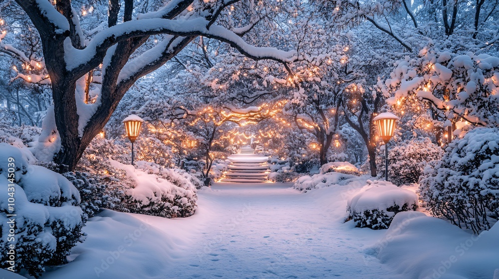 Aufkleber a serene winter landscape with a golden snake emerging from a snow-covered forest while lanterns glo