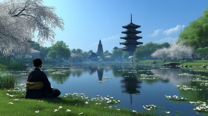 Obraz premium Tranquil Zen Garden with Pagoda and Woman in Kimono