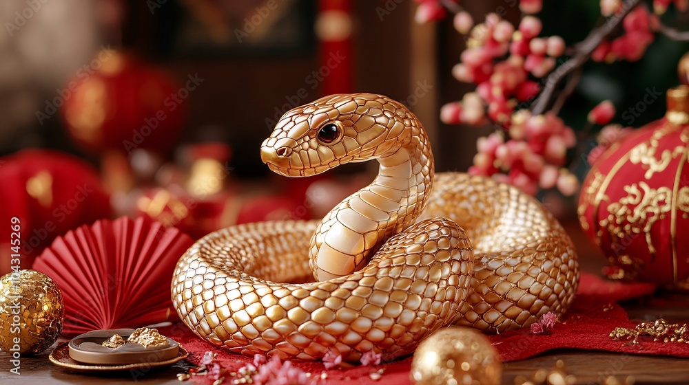 Aufkleber a vibrant red backdrop with a golden snake wrapped around traditional chinese symbols like fans and 