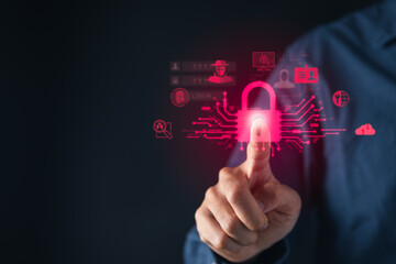 Businessman holding cyber security icons screen. Digital information technology and cyber security concept.