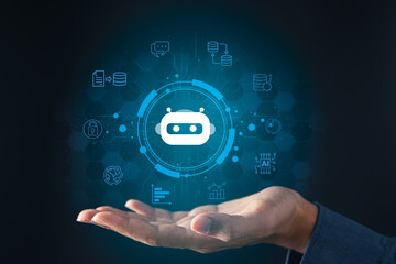 AI robotic Artificial Intelligence, businessman using AI for conversation with human. Futuristic technology and digital communication concept.