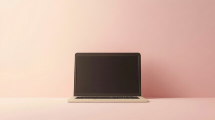 Laptop with blank screen on a pink background.
