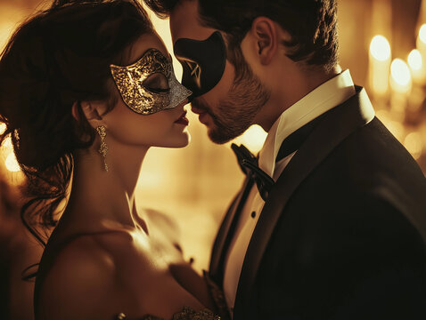 Elegant couple kissing with masks at a masquerade ball